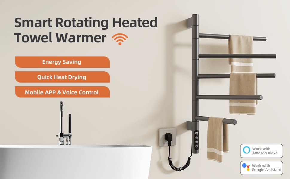 SIOYIE Smart Rotating Heated Towel Rack For Bathroom, Wall-Mounted Electric Towel Dryer With Swivel Bars, Smart Timer, Low Carbon Steel, IPX5, Plug-in/Hardwired, Towel Warmer With Wi-Fi App ControlW_voghion.com